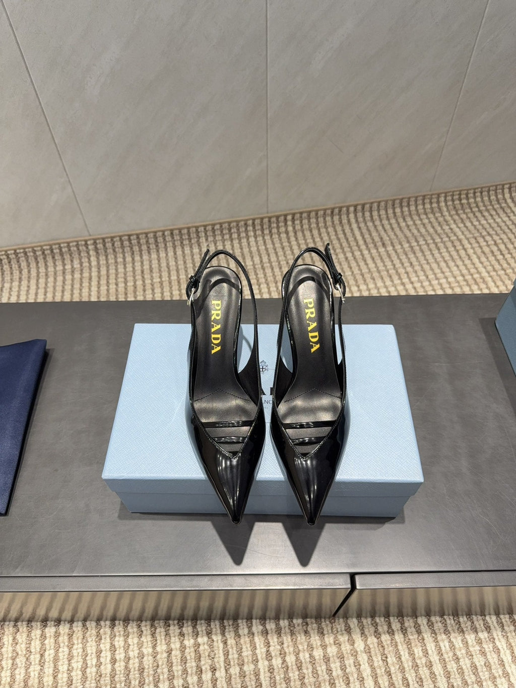 PRADA 26S POINTED TOE SLINGBACK HIGH HEELS 75MM IN BLACK CALFSKIN