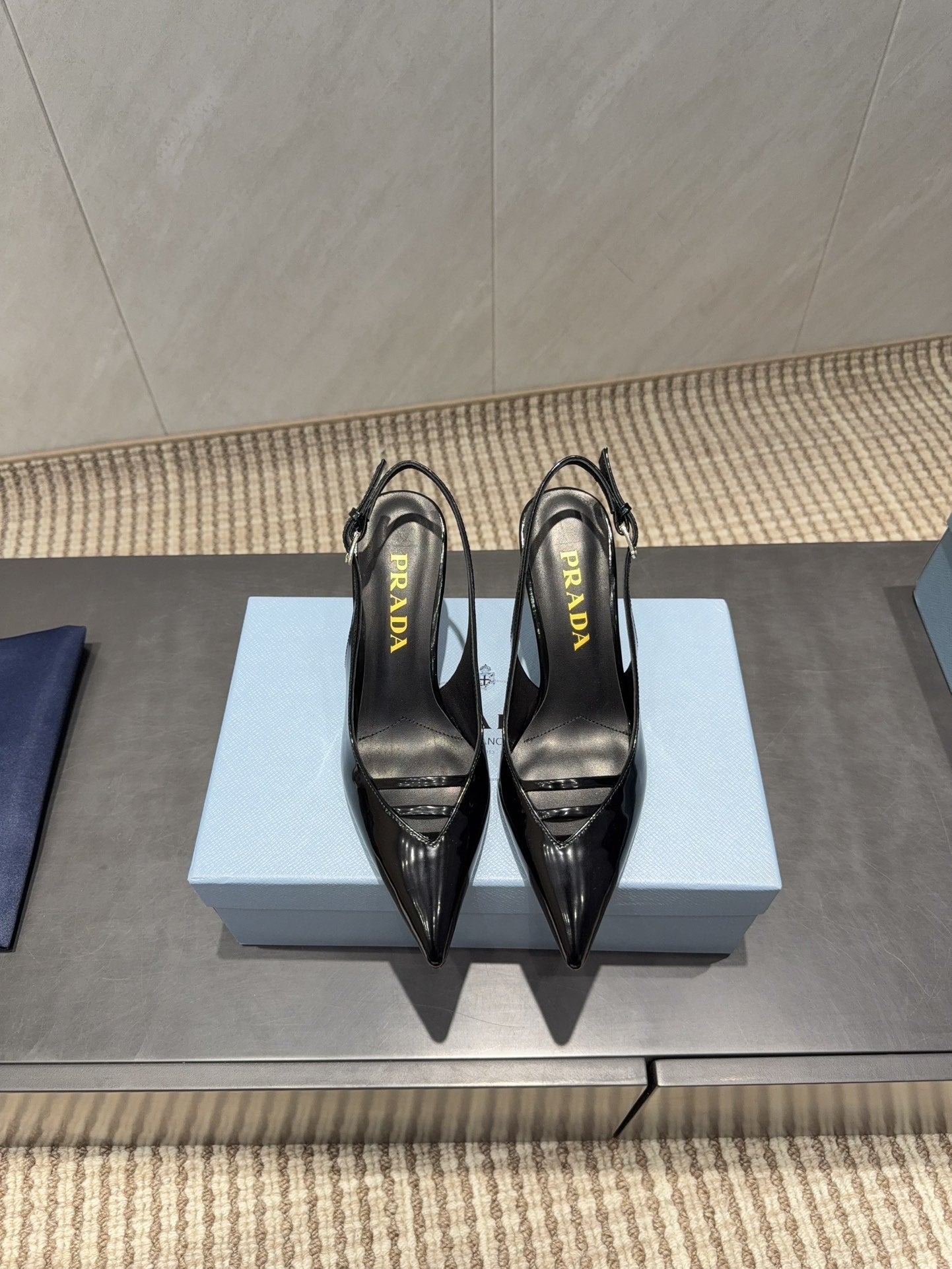 PRADA 26S POINTED TOE SLINGBACK HIGH HEELS 75MM IN BLACK CALFSKIN