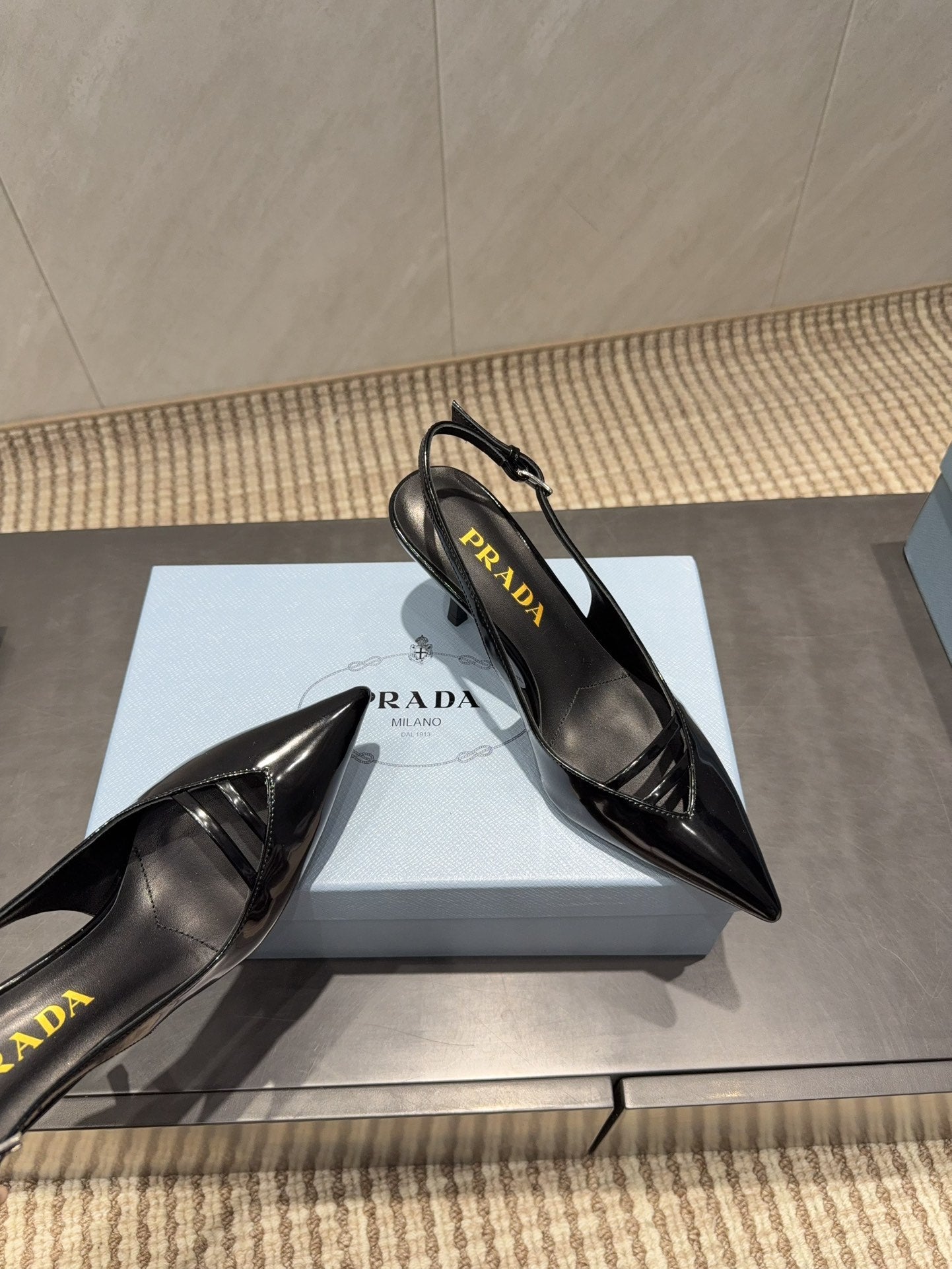 PRADA 26S POINTED TOE SLINGBACK HIGH HEELS 75MM IN BLACK CALFSKIN