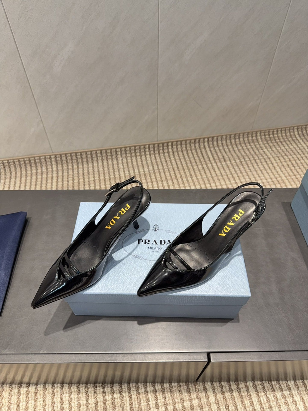 PRADA 26S POINTED TOE SLINGBACK HIGH HEELS 75MM IN BLACK CALFSKIN