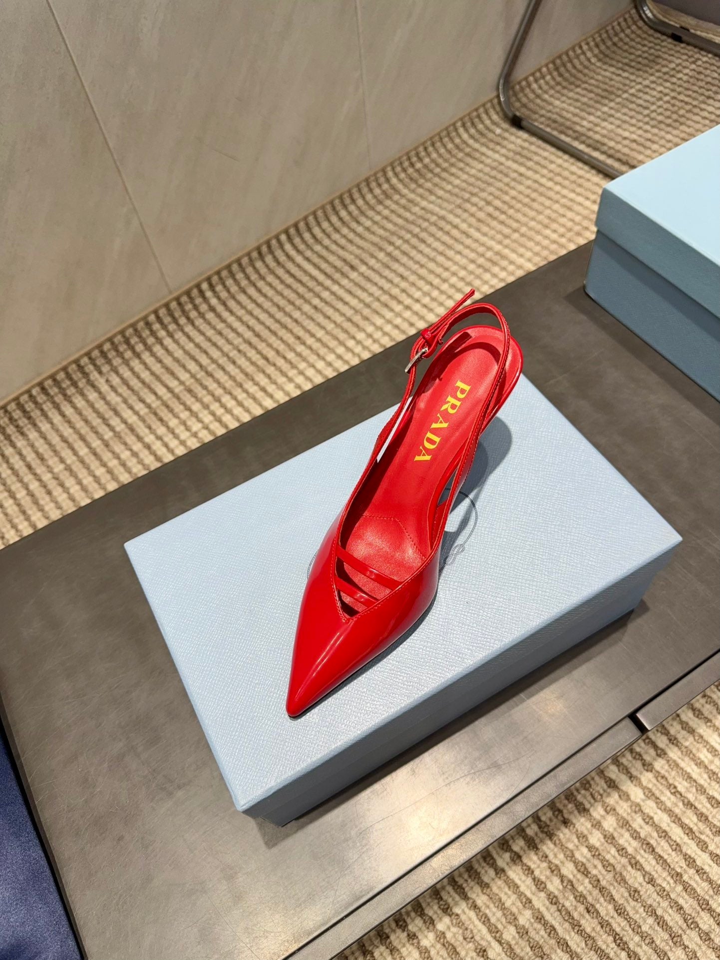 PRADA 26S POINTED TOE SLINGBACK HIGH HEELS 75MM IN BRIGHT RED CALFSKIN