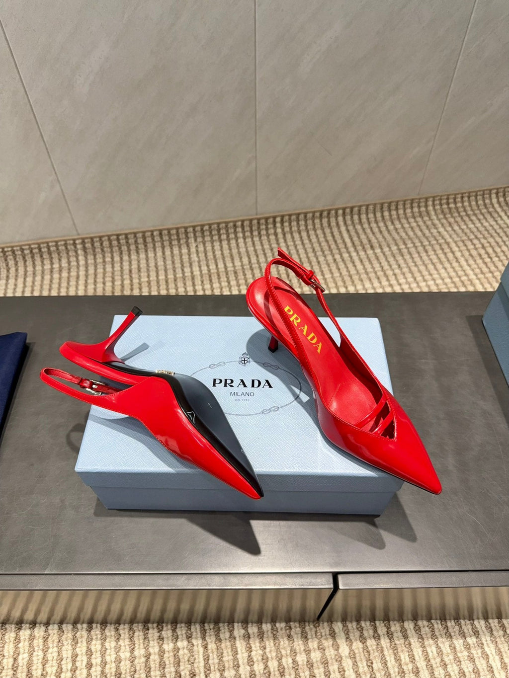 PRADA 26S POINTED TOE SLINGBACK HIGH HEELS 75MM IN BRIGHT RED CALFSKIN