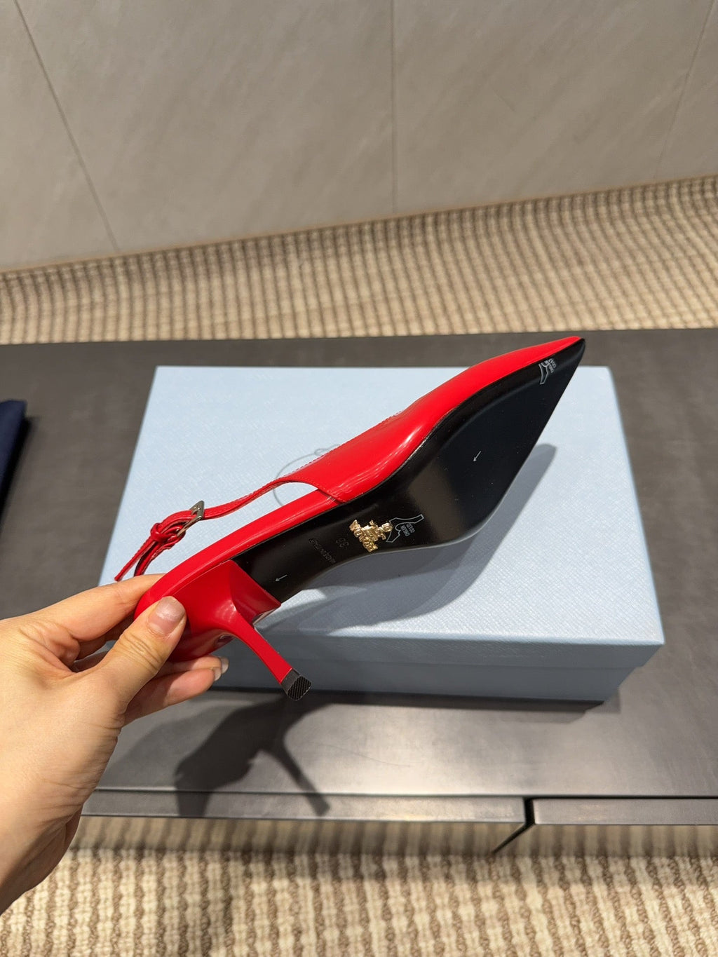 PRADA 26S POINTED TOE SLINGBACK HIGH HEELS 75MM IN BRIGHT RED CALFSKIN