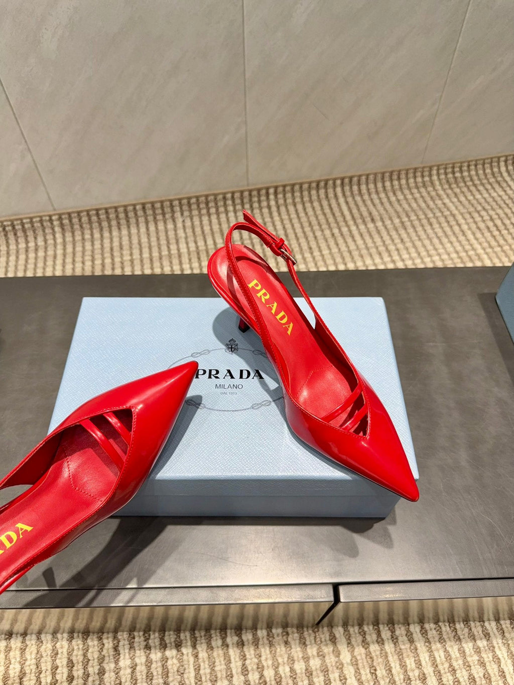 PRADA 26S POINTED TOE SLINGBACK HIGH HEELS 75MM IN BRIGHT RED CALFSKIN