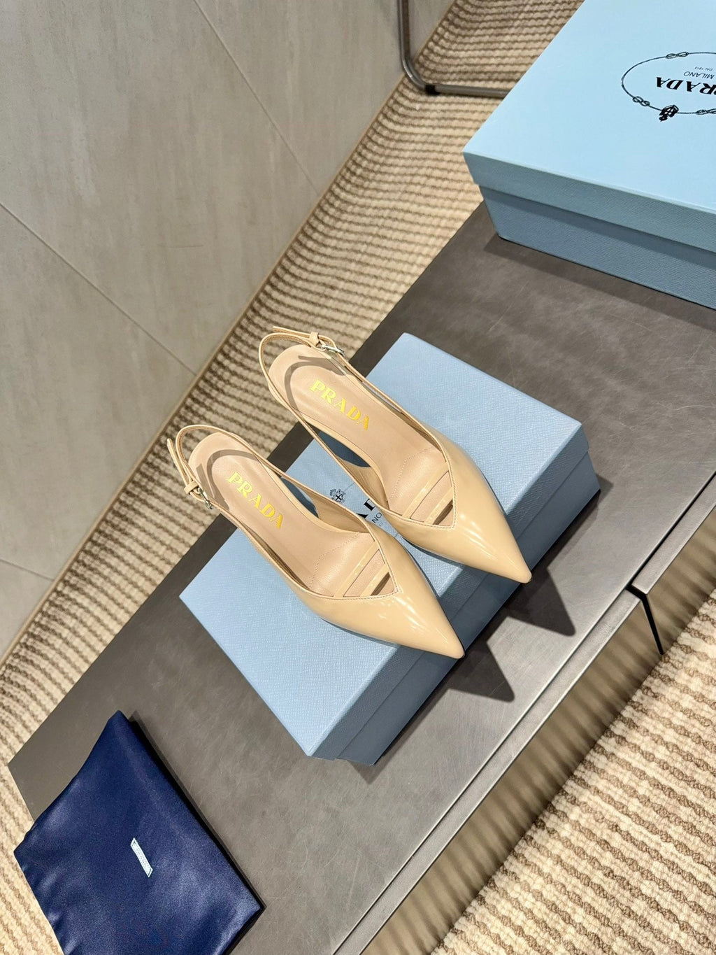 PRADA 26S POINTED TOE SLINGBACK HIGH HEELS 75MM IN BEIGE CALFSKIN