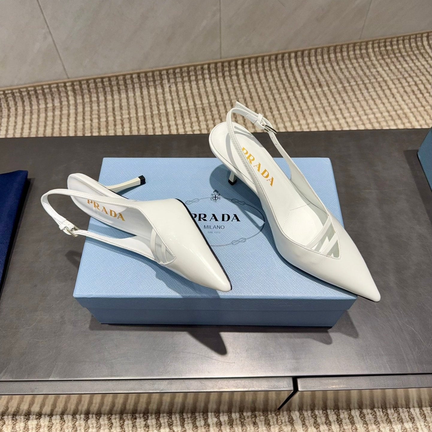 PRADA 26S POINTED TOE SLINGBACK HIGH HEELS 75MM IN WHITE CALFSKIN