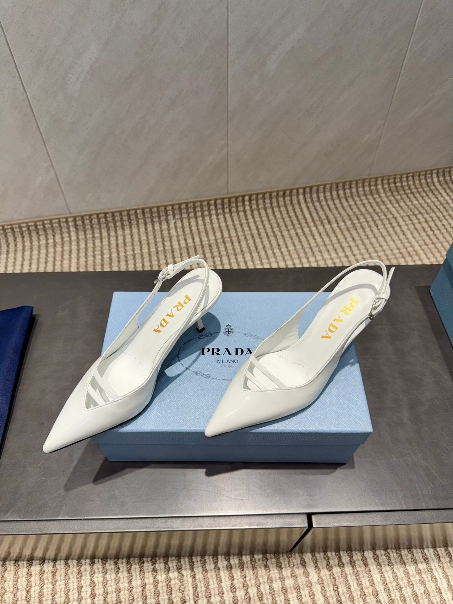 PRADA 26S POINTED TOE SLINGBACK HIGH HEELS 75MM IN WHITE CALFSKIN
