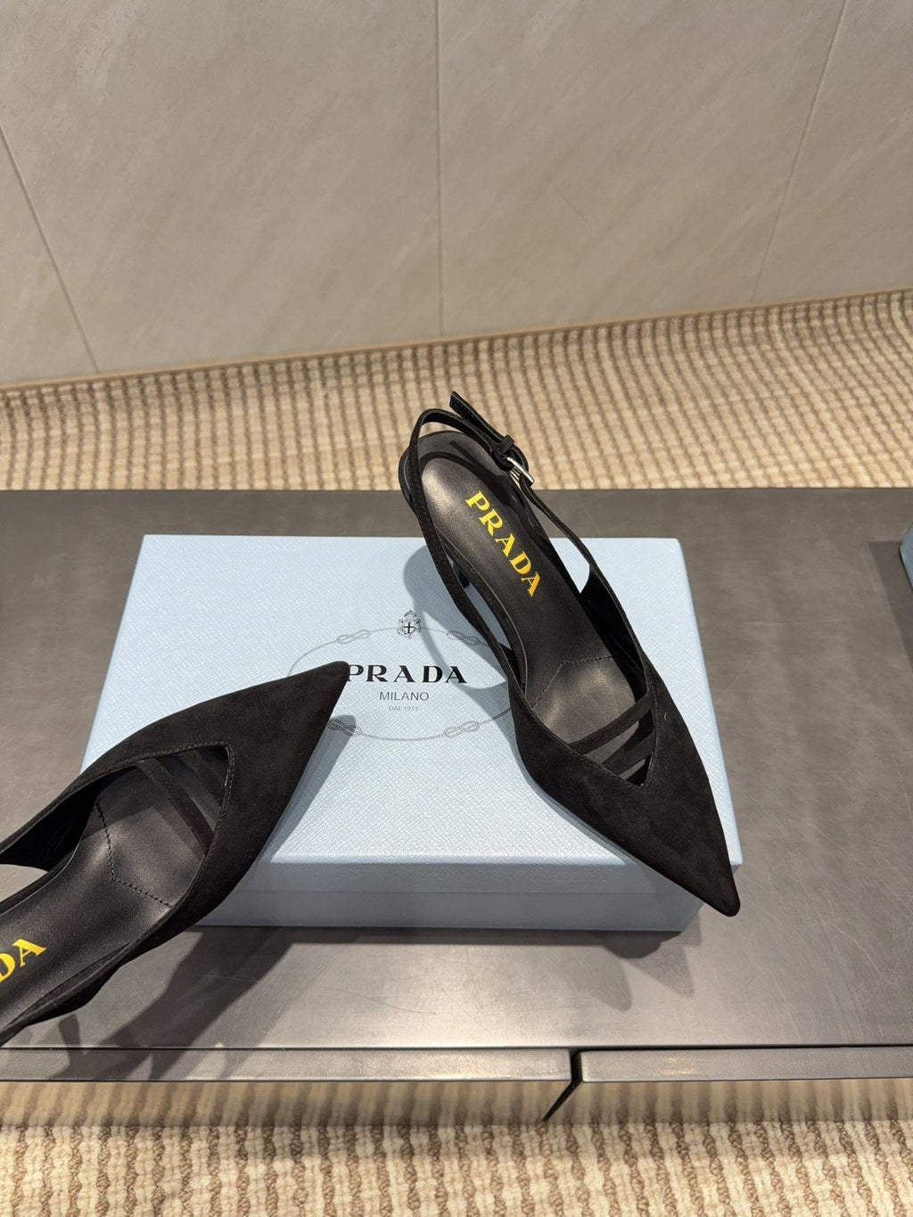 PRADA 26S POINTED TOE SLINGBACK HIGH HEELS 75MM IN BLACK SUEDE