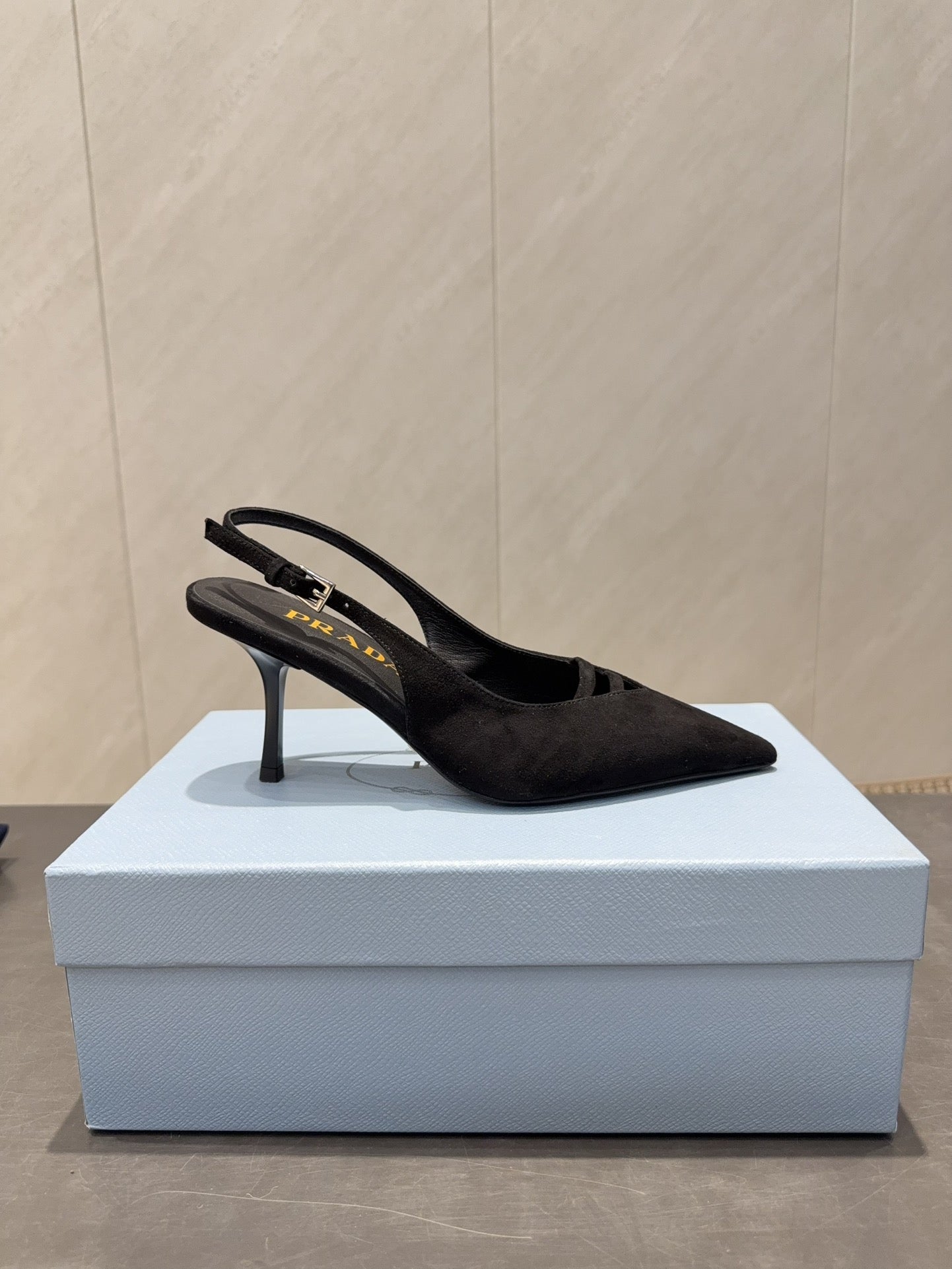 PRADA 26S POINTED TOE SLINGBACK HIGH HEELS 75MM IN BLACK SUEDE