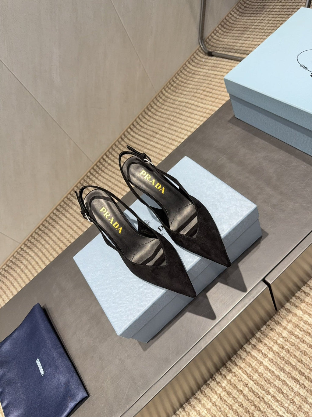 PRADA 26S POINTED TOE SLINGBACK HIGH HEELS 75MM IN BLACK SUEDE