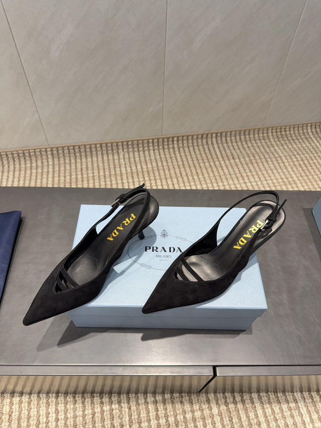 PRADA 26S POINTED TOE SLINGBACK HIGH HEELS 75MM IN BLACK SUEDE