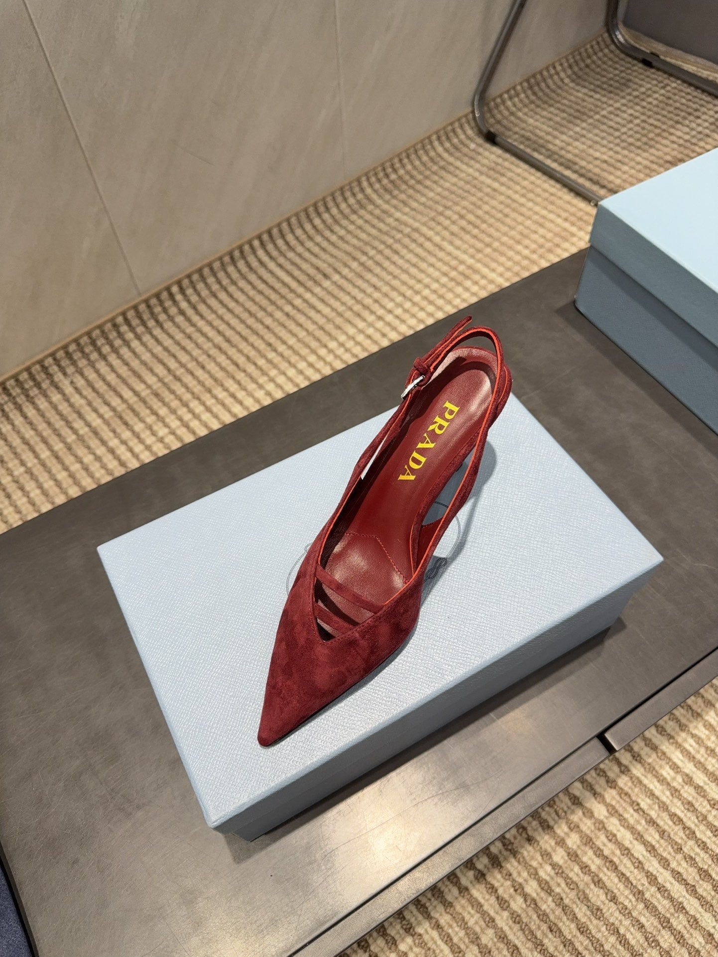 PRADA 26S POINTED TOE SLINGBACK HIGH HEELS 75MM IN DARK RED SUEDE