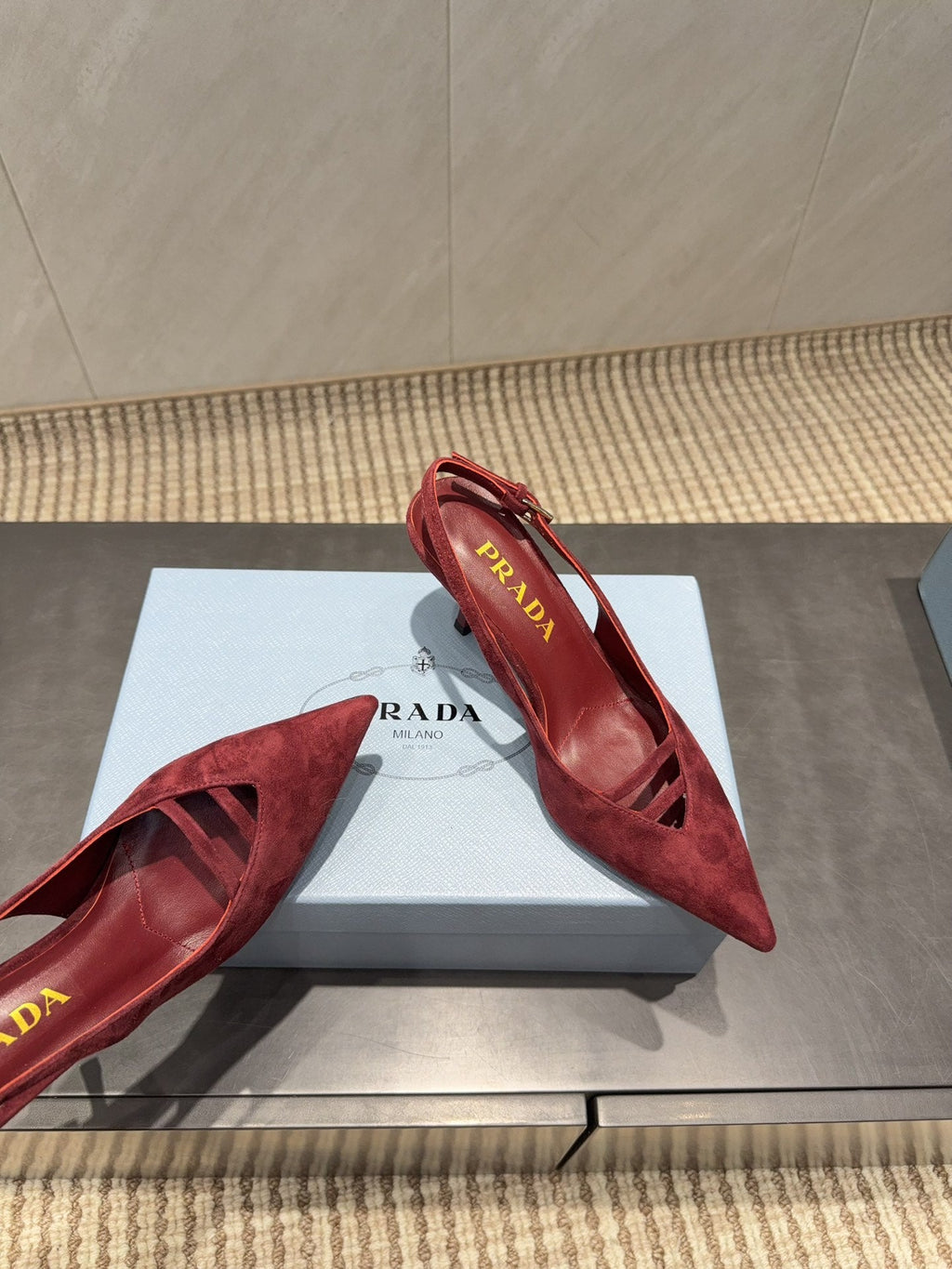 PRADA 26S POINTED TOE SLINGBACK HIGH HEELS 75MM IN DARK RED SUEDE