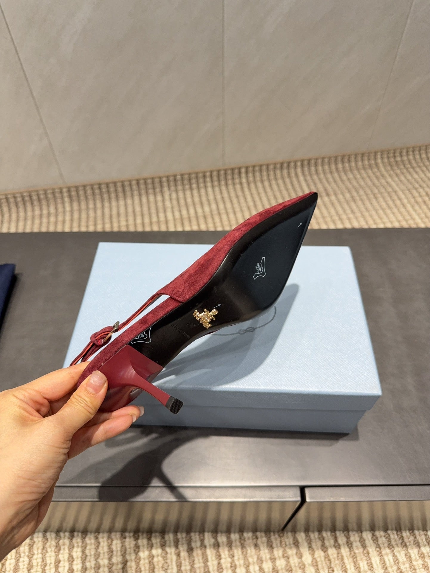 PRADA 26S POINTED TOE SLINGBACK HIGH HEELS 75MM IN DARK RED SUEDE
