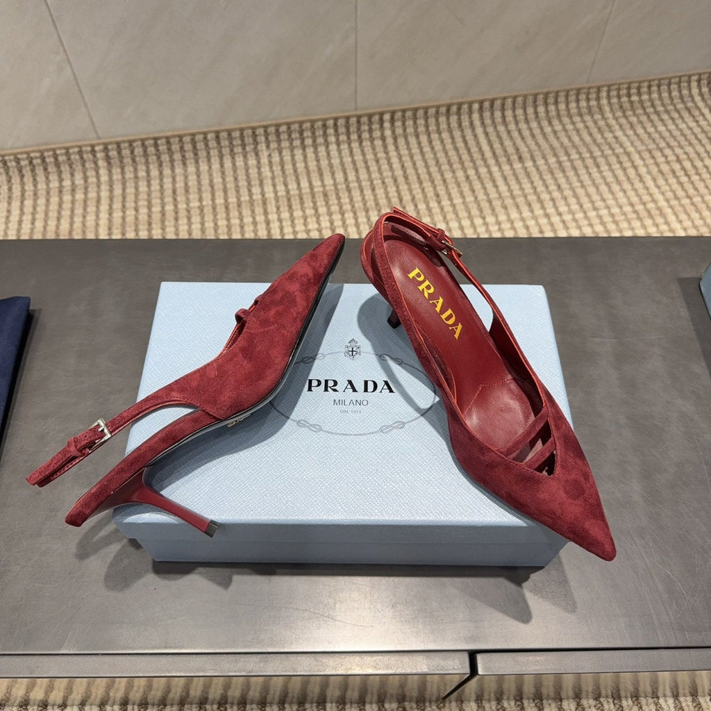PRADA 26S POINTED TOE SLINGBACK HIGH HEELS 75MM IN DARK RED SUEDE