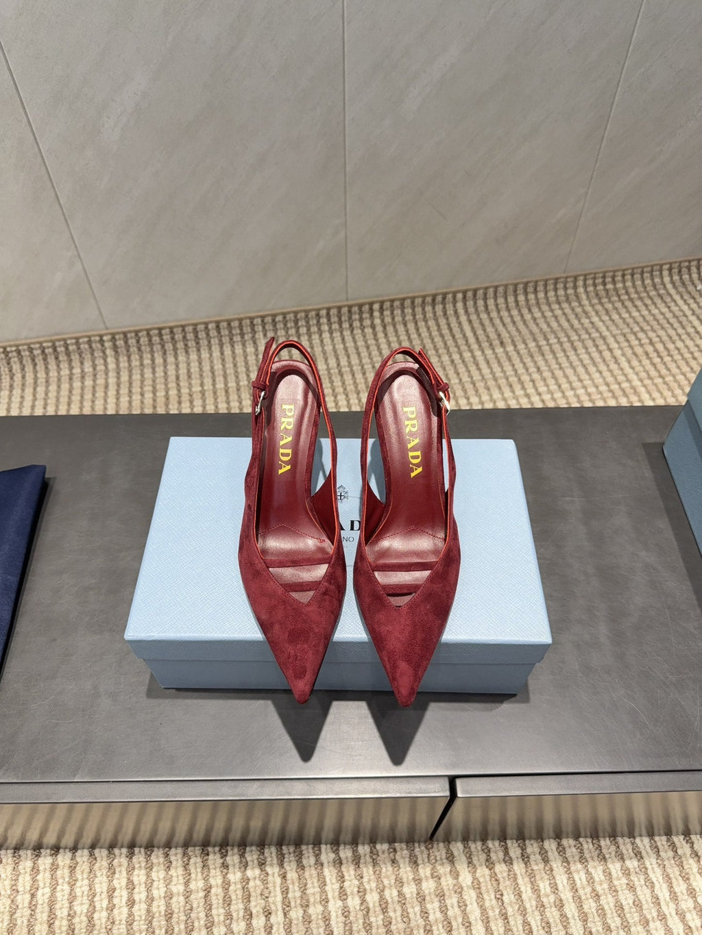 PRADA 26S POINTED TOE SLINGBACK HIGH HEELS 75MM IN DARK RED SUEDE