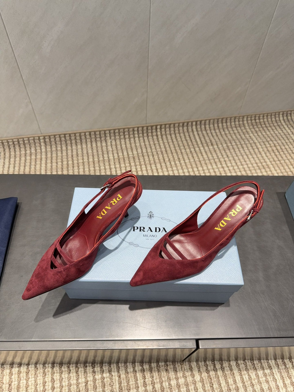 PRADA 26S POINTED TOE SLINGBACK HIGH HEELS 75MM IN DARK RED SUEDE