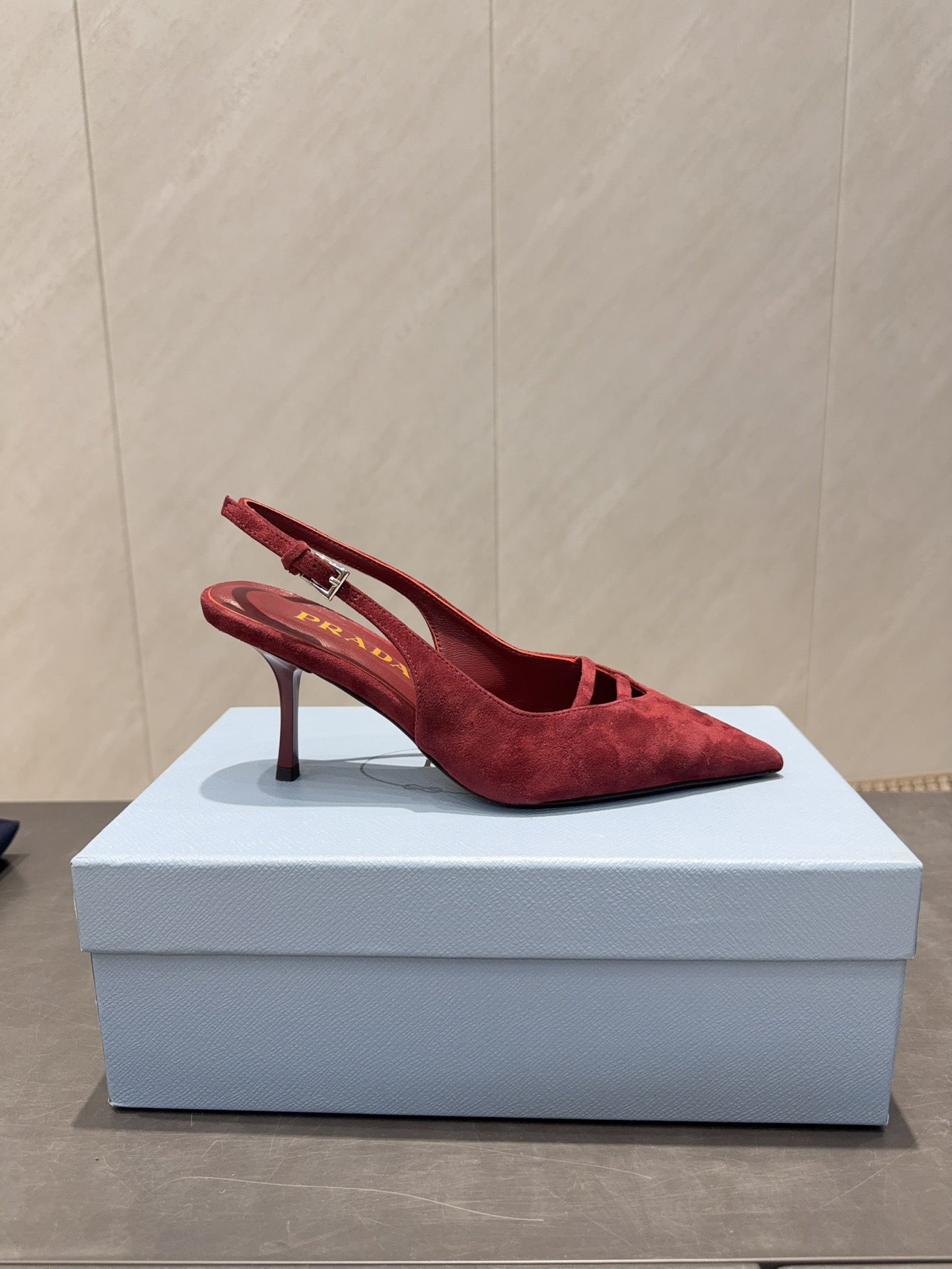 PRADA 26S POINTED TOE SLINGBACK HIGH HEELS 75MM IN DARK RED SUEDE