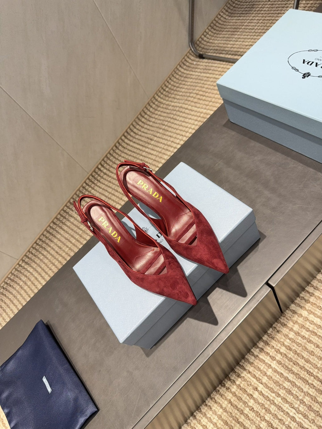 PRADA 26S POINTED TOE SLINGBACK HIGH HEELS 75MM IN DARK RED SUEDE