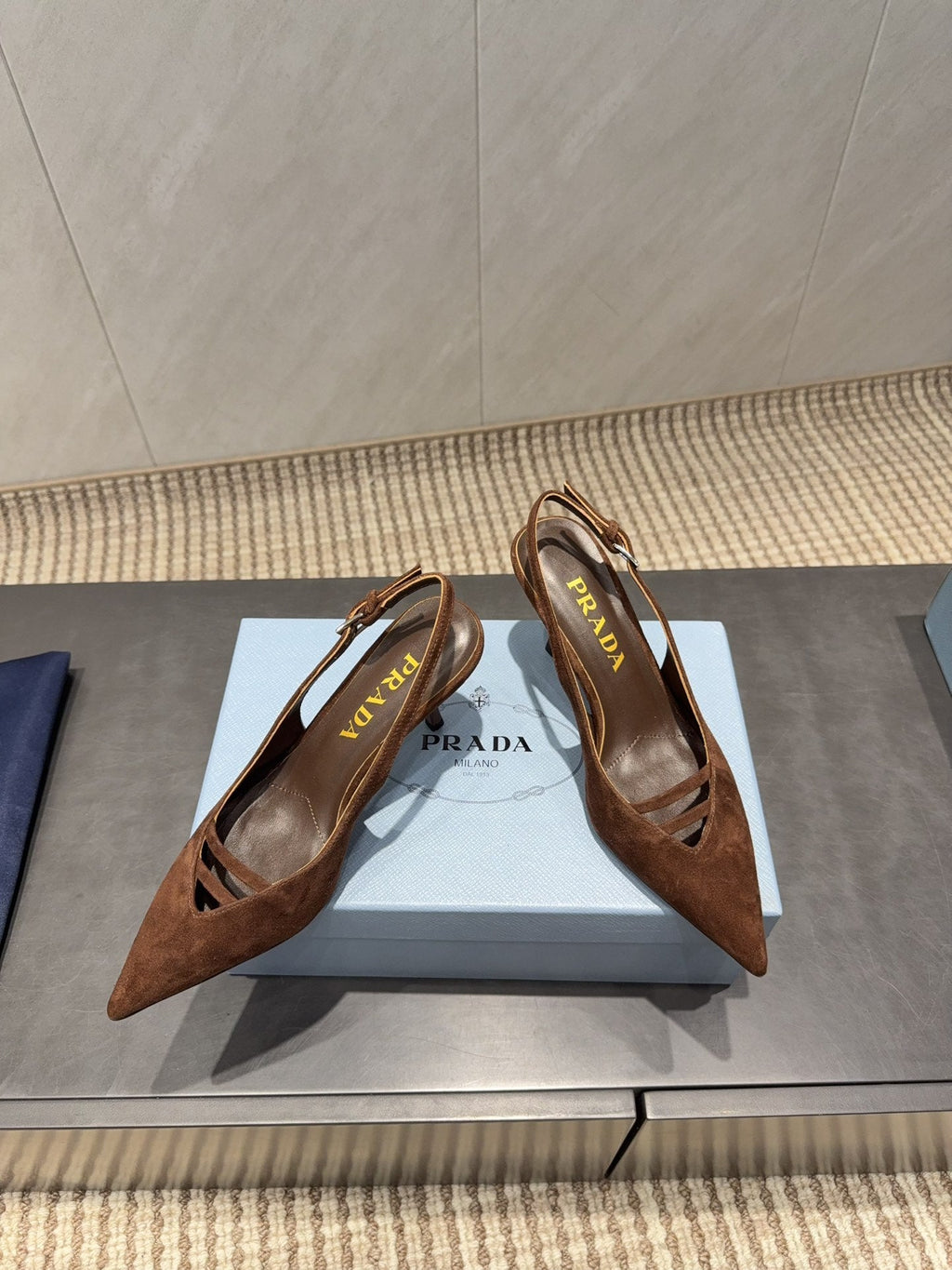PRADA 26S POINTED TOE SLINGBACK HIGH HEELS 75MM IN DARK BROWN SUEDE