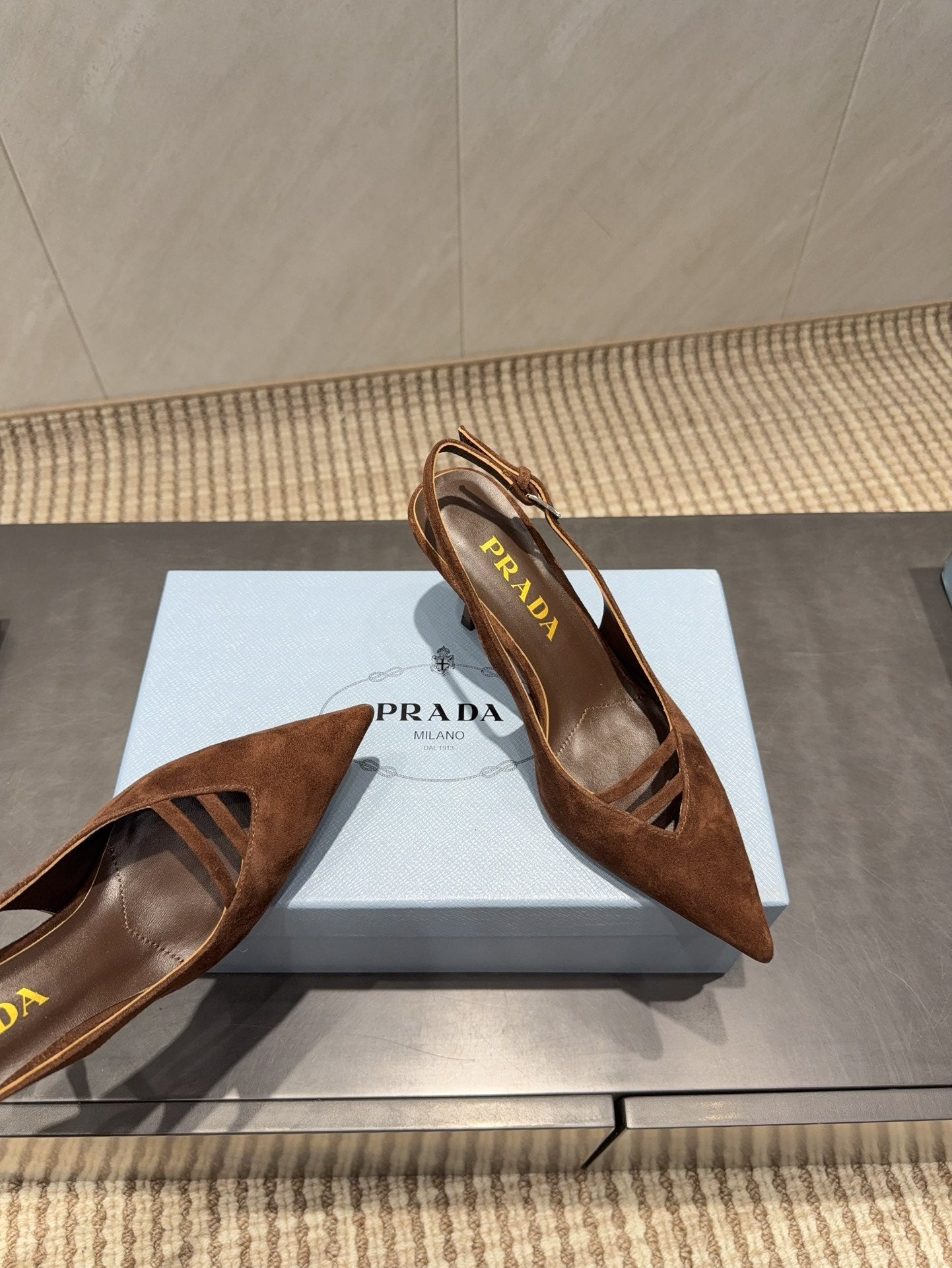 PRADA 26S POINTED TOE SLINGBACK HIGH HEELS 75MM IN DARK BROWN SUEDE