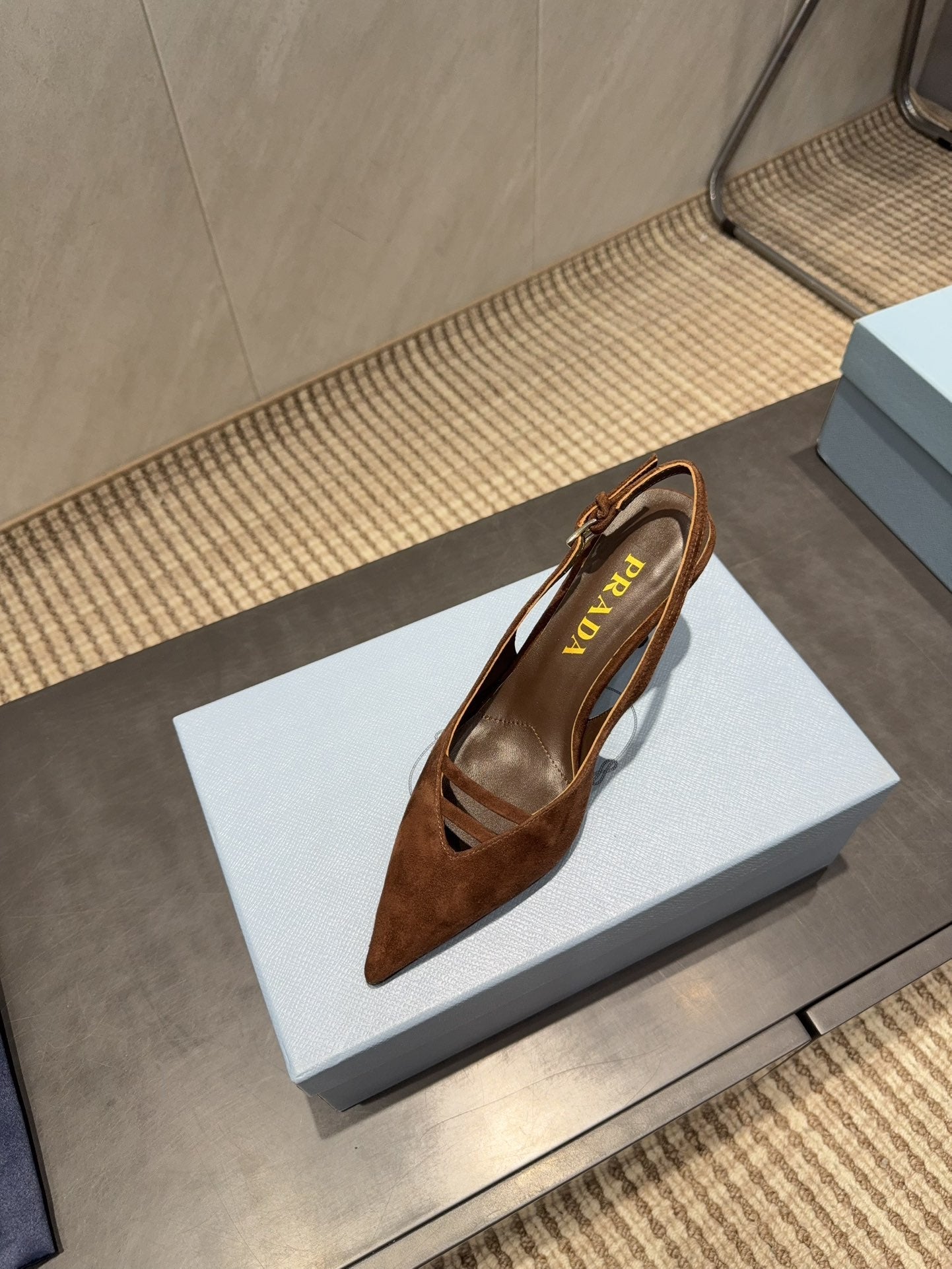 PRADA 26S POINTED TOE SLINGBACK HIGH HEELS 75MM IN DARK BROWN SUEDE