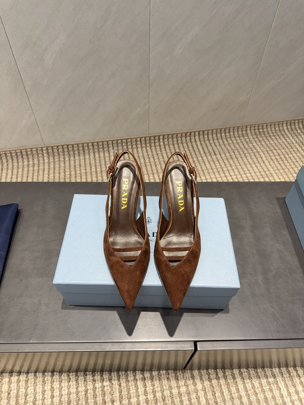 PRADA 26S POINTED TOE SLINGBACK HIGH HEELS 75MM IN DARK BROWN SUEDE