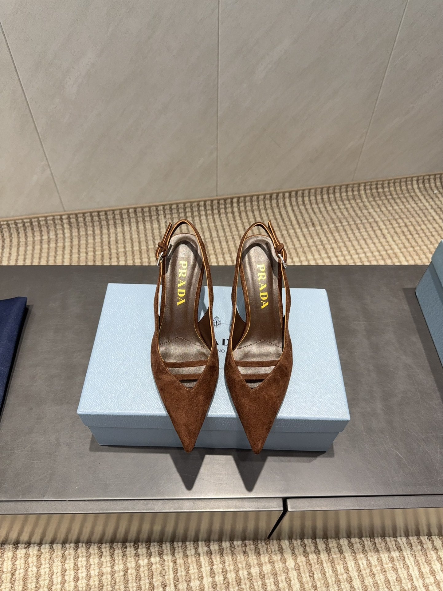 PRADA 26S POINTED TOE SLINGBACK HIGH HEELS 75MM IN DARK BROWN SUEDE