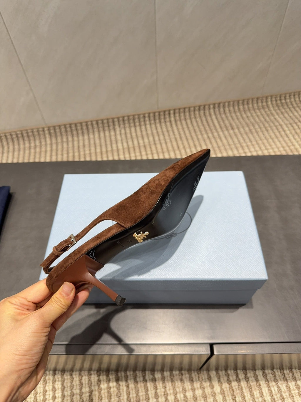 PRADA 26S POINTED TOE SLINGBACK HIGH HEELS 75MM IN DARK BROWN SUEDE