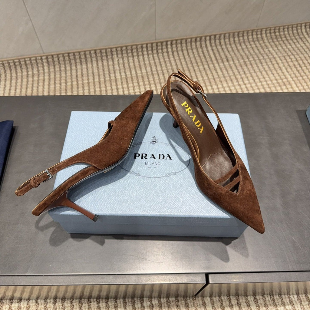 PRADA 26S POINTED TOE SLINGBACK HIGH HEELS 75MM IN DARK BROWN SUEDE