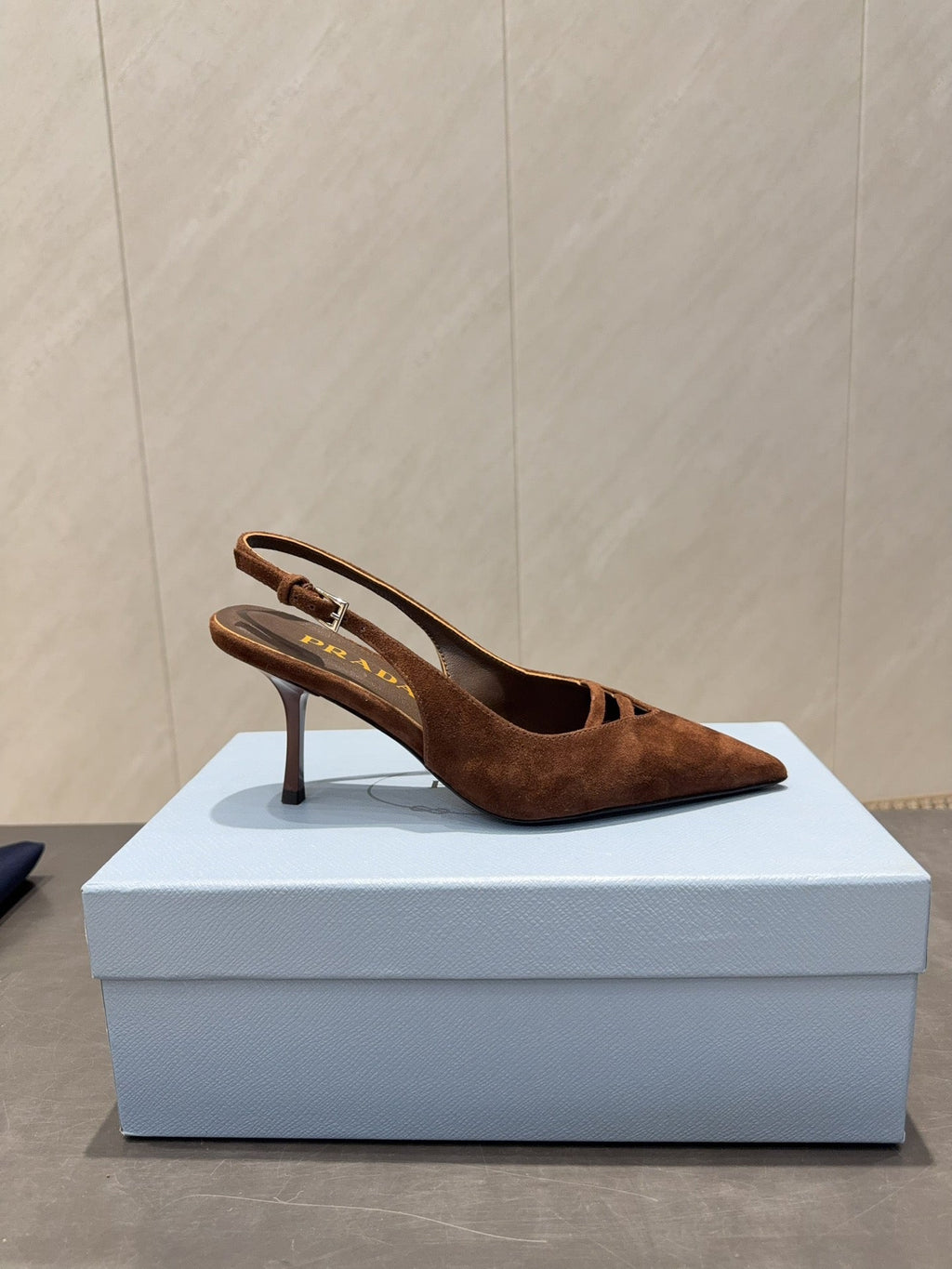 PRADA 26S POINTED TOE SLINGBACK HIGH HEELS 75MM IN DARK BROWN SUEDE
