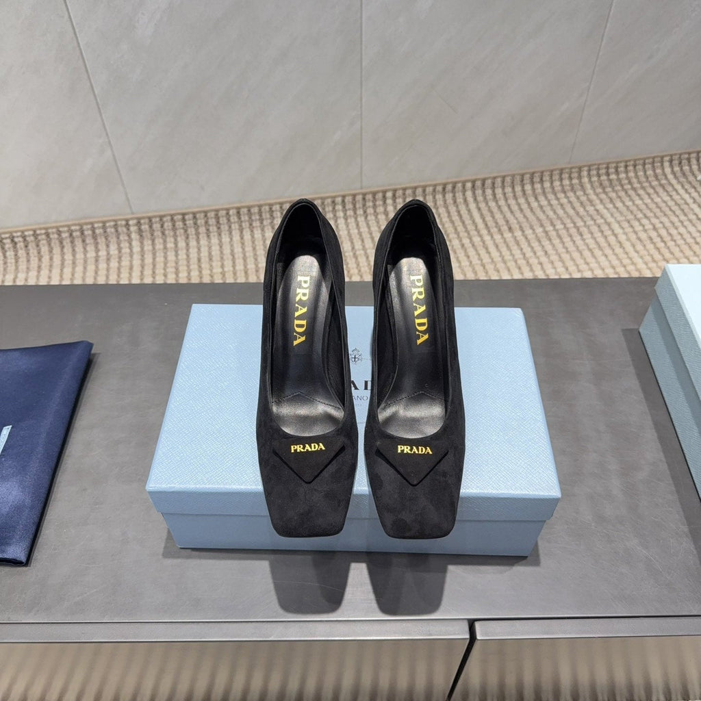 PRADA 26S SQUARE TOE HIGH HEELS 85MM IN BLACK SUEDE WITH LOGO
