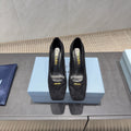 PRADA 26S SQUARE TOE HIGH HEELS 85MM IN BLACK SUEDE WITH LOGO