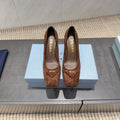 PRADA 26S SQUARE TOE HIGH HEELS 85MM IN CARAMEL BROWN SUEDE WITH LOGO