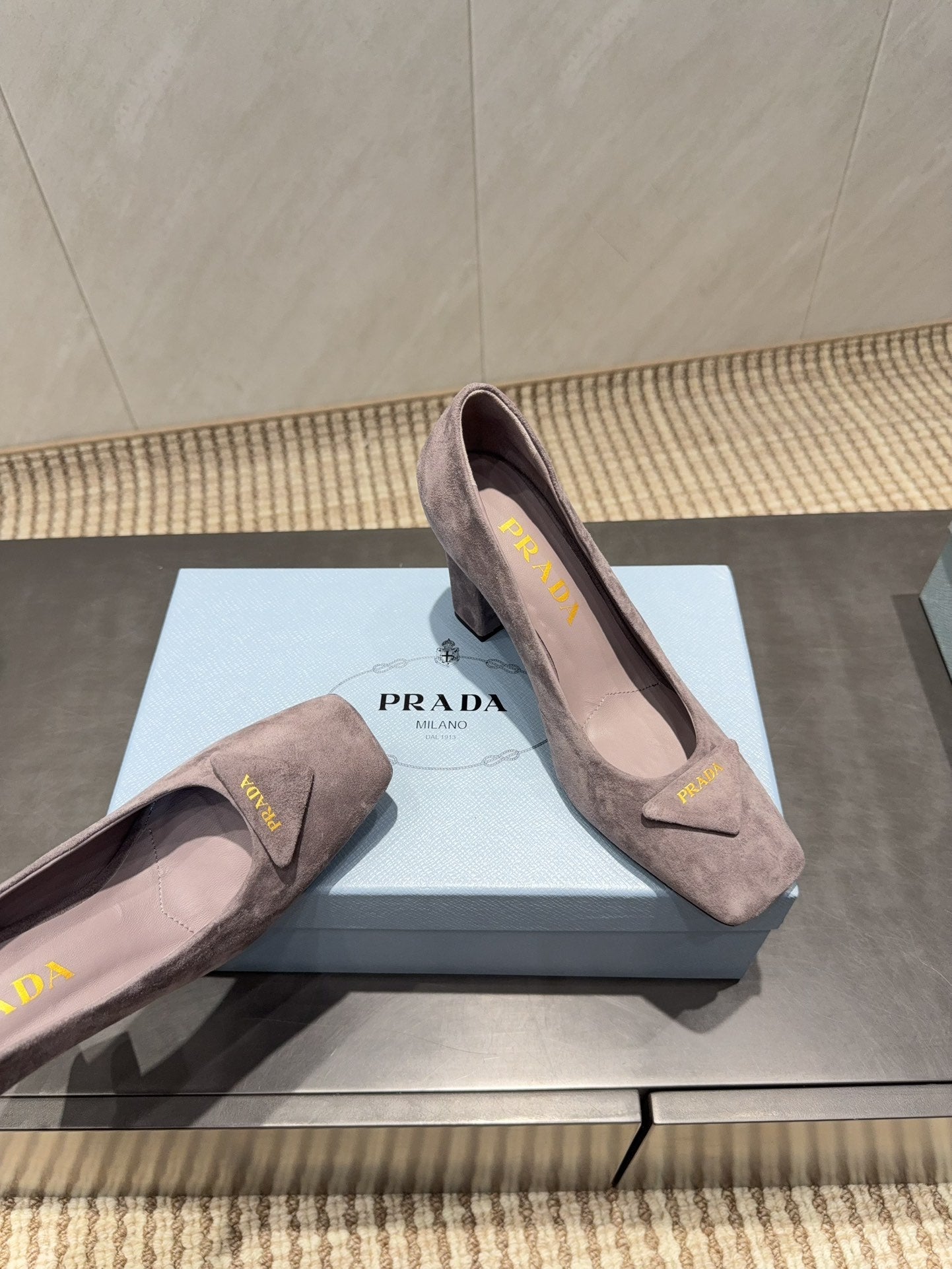 PRADA 26S SQUARE TOE HIGH HEELS 85MM IN TAUPE BROWN SUEDE WITH LOGO