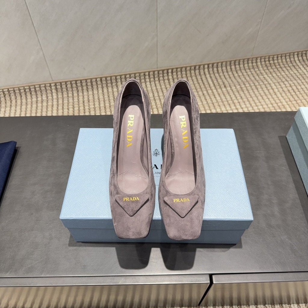 PRADA 26S SQUARE TOE HIGH HEELS 85MM IN TAUPE BROWN SUEDE WITH LOGO