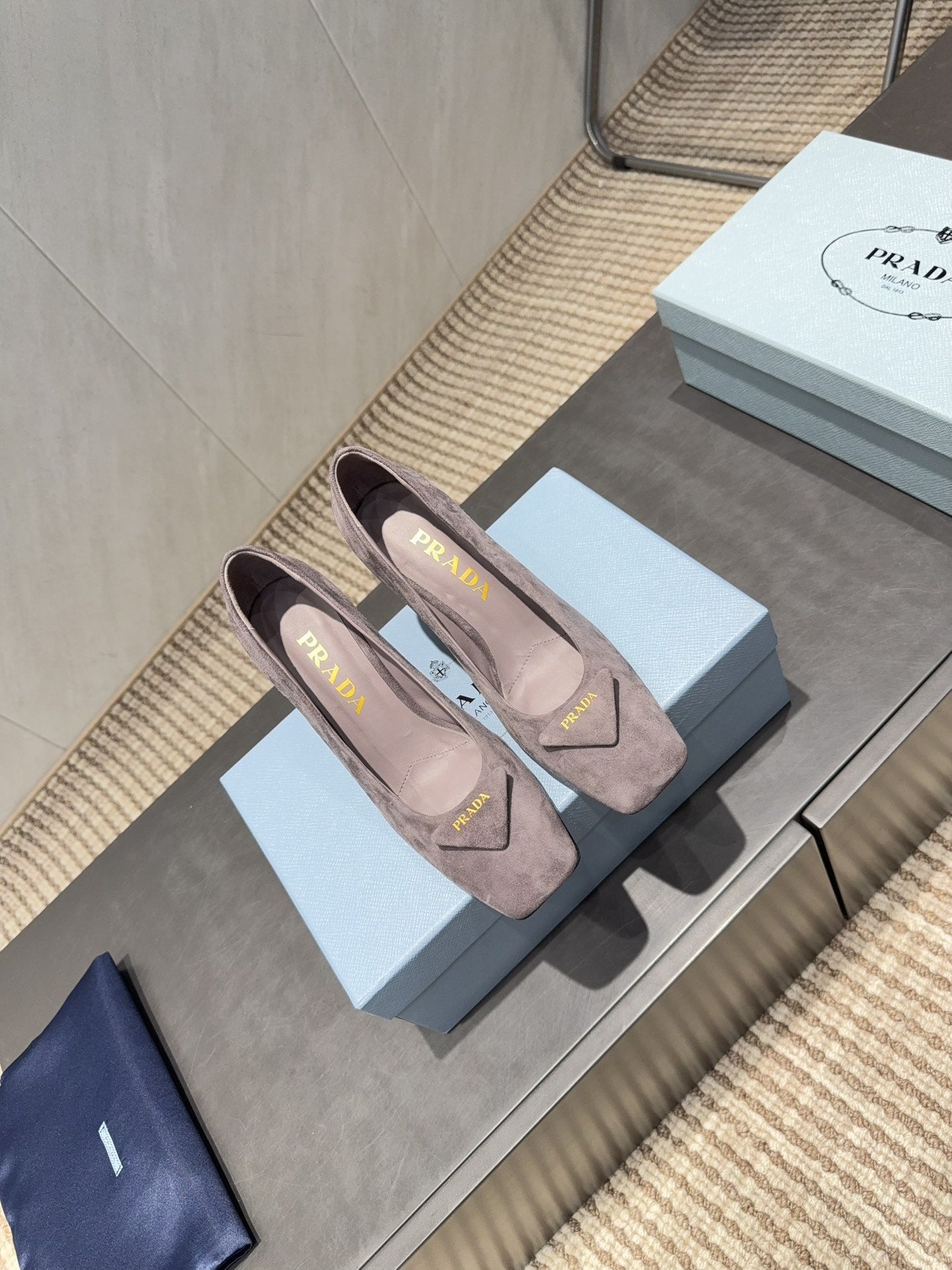 PRADA 26S SQUARE TOE HIGH HEELS 85MM IN TAUPE BROWN SUEDE WITH LOGO
