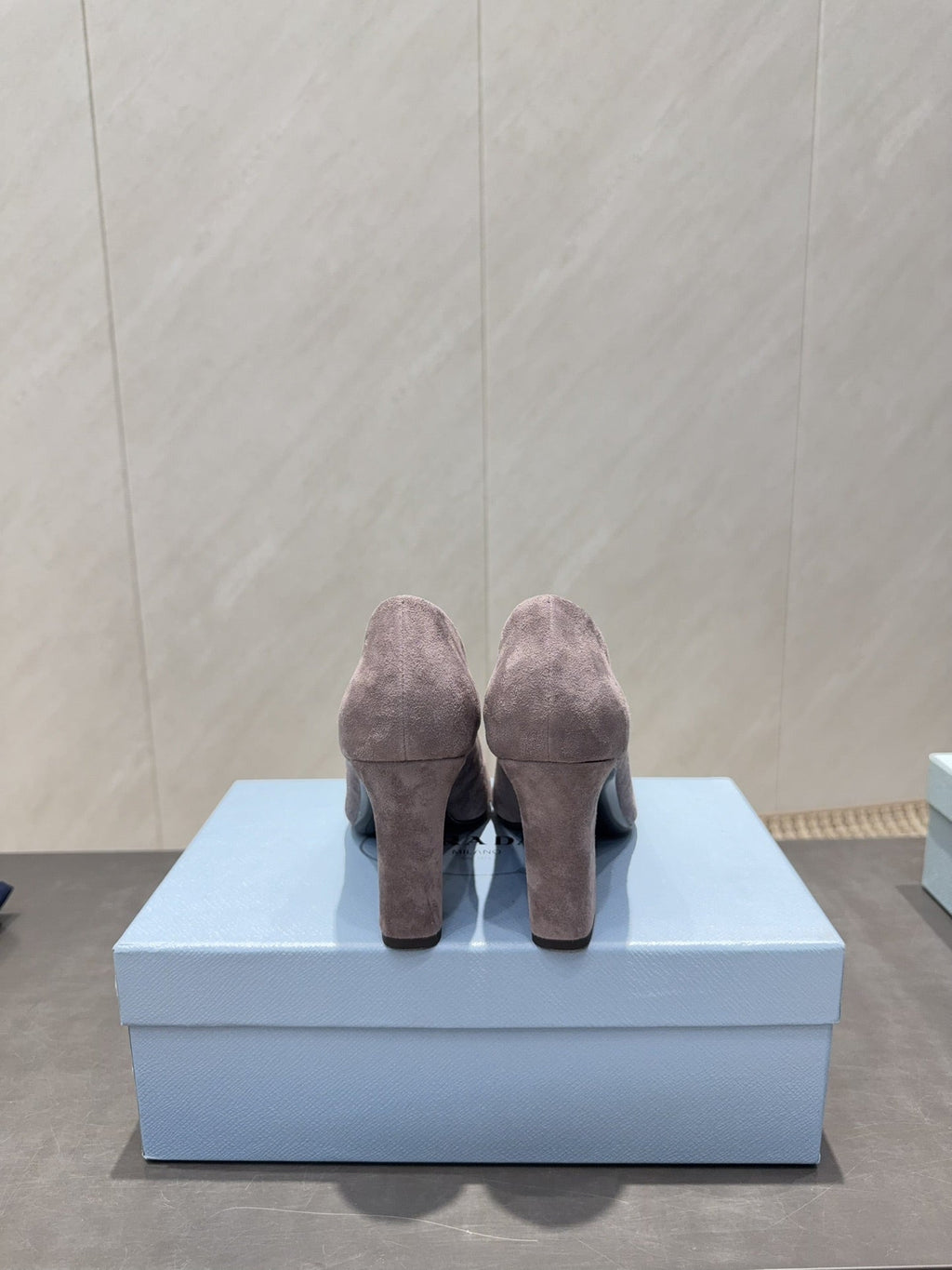 PRADA 26S SQUARE TOE HIGH HEELS 85MM IN TAUPE BROWN SUEDE WITH LOGO