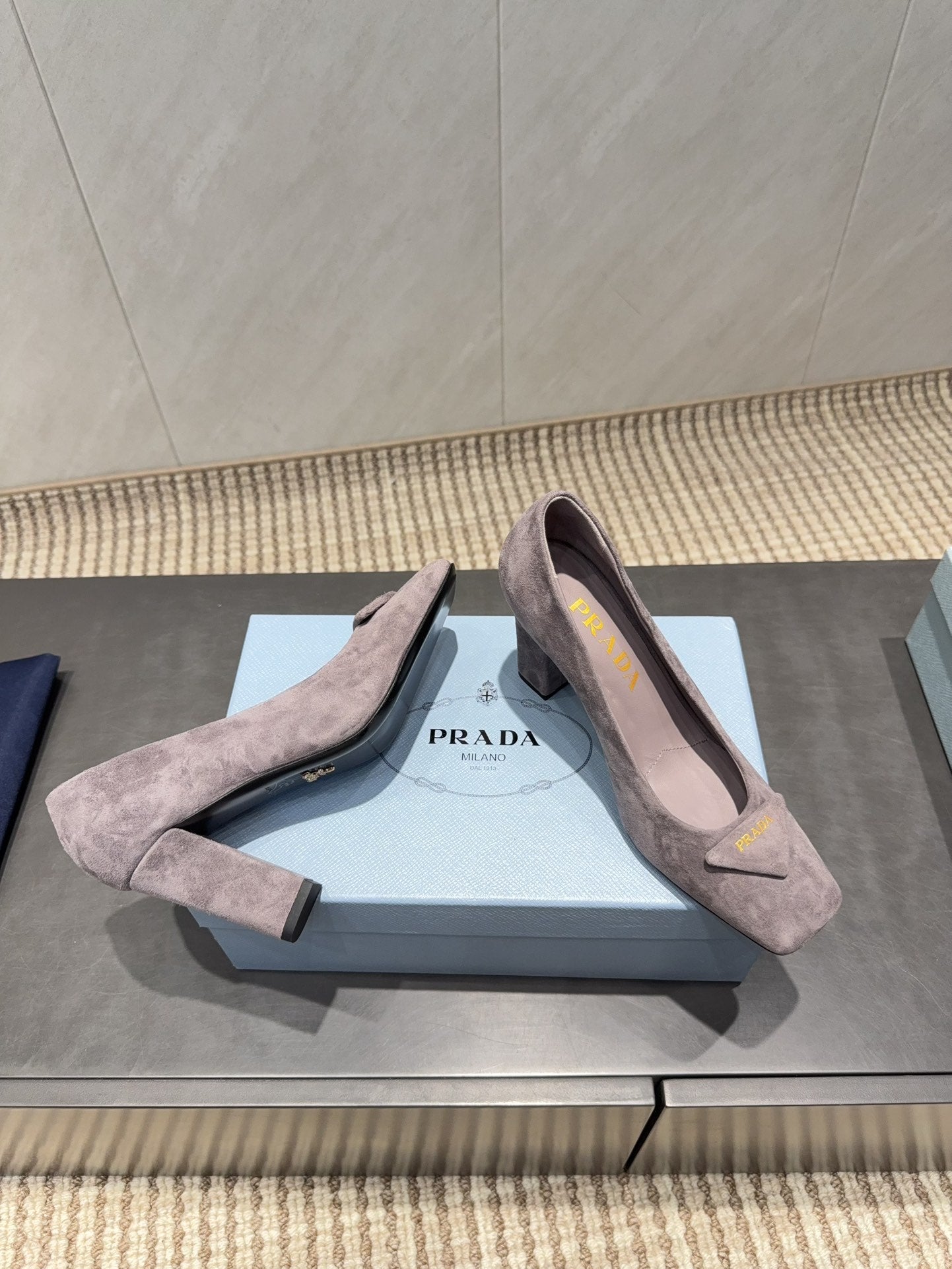 PRADA 26S SQUARE TOE HIGH HEELS 85MM IN TAUPE BROWN SUEDE WITH LOGO