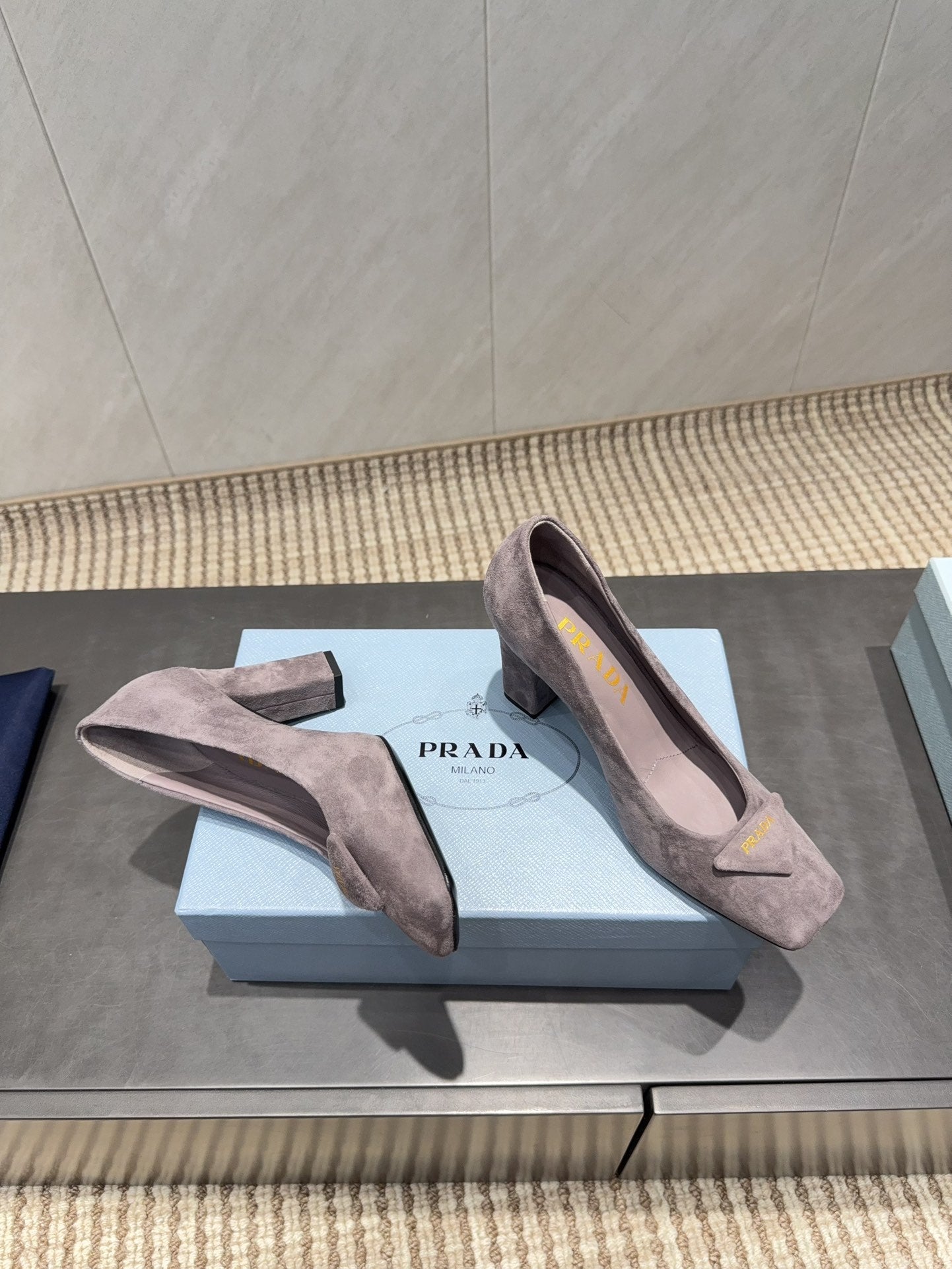 PRADA 26S SQUARE TOE HIGH HEELS 85MM IN TAUPE BROWN SUEDE WITH LOGO