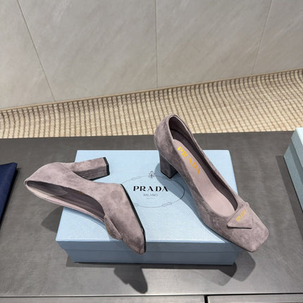 PRADA 26S SQUARE TOE HIGH HEELS 85MM IN TAUPE BROWN SUEDE WITH LOGO