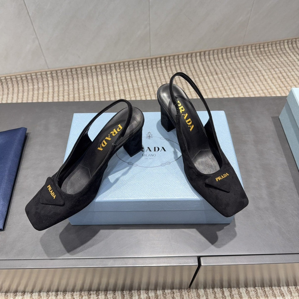 PRADA 26S LOW HEEL SQUARE TOE SLINGBACK SHOES 85MM IN BLACK SUEDE WITH LOGO