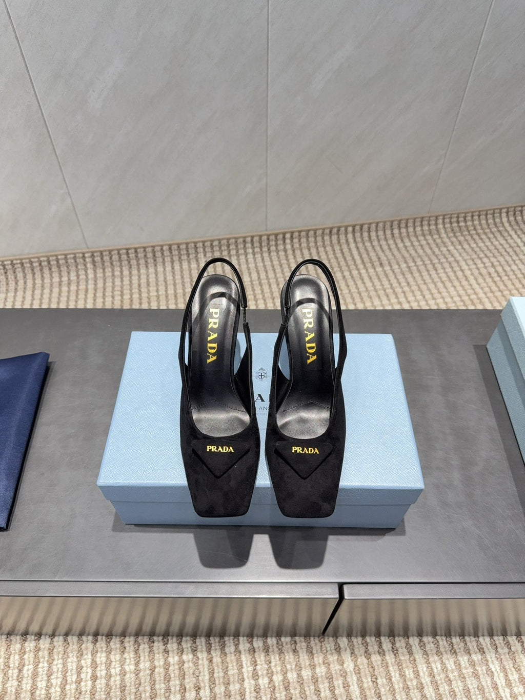 PRADA 26S LOW HEEL SQUARE TOE SLINGBACK SHOES 85MM IN BLACK SUEDE WITH LOGO