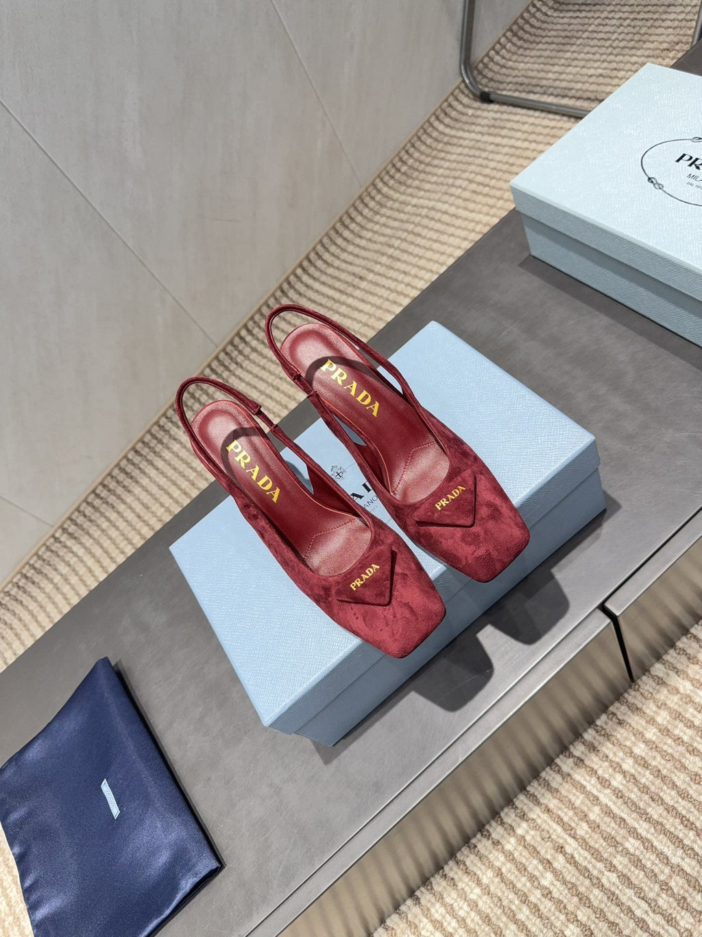 PRADA 26S LOW HEEL SQUARE TOE SLINGBACK SHOES 85MM IN DARK RED SUEDE WITH LOGO