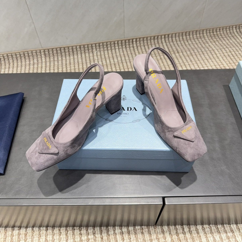 PRADA 26S LOW HEEL SQUARE TOE SLINGBACK SHOES 85MM IN TAUPE BROWN SUEDE WITH LOGO