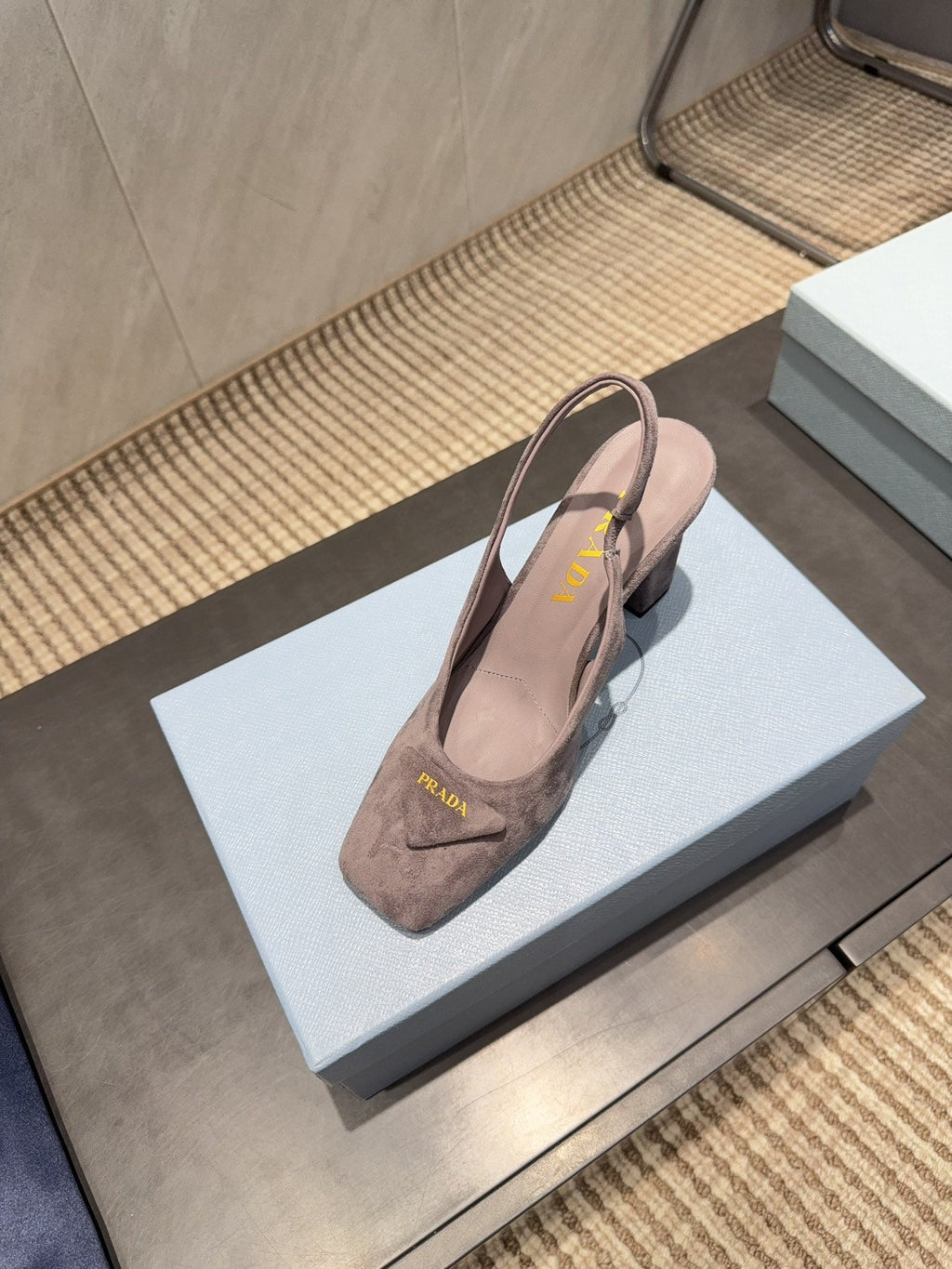 PRADA 26S LOW HEEL SQUARE TOE SLINGBACK SHOES 85MM IN TAUPE BROWN SUEDE WITH LOGO