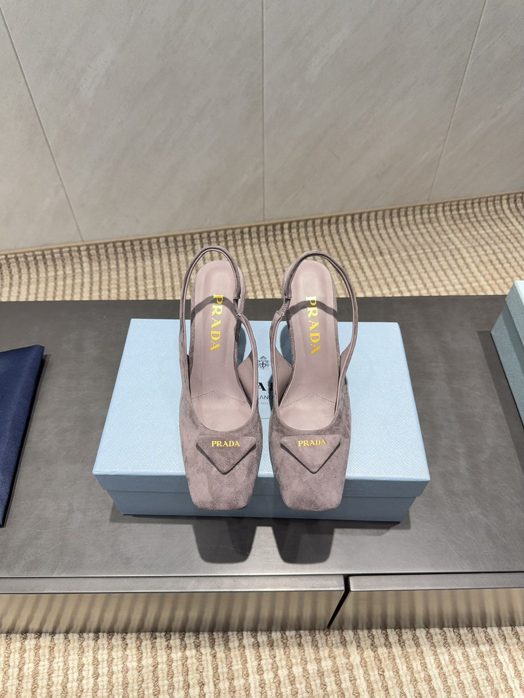 PRADA 26S LOW HEEL SQUARE TOE SLINGBACK SHOES 85MM IN TAUPE BROWN SUEDE WITH LOGO