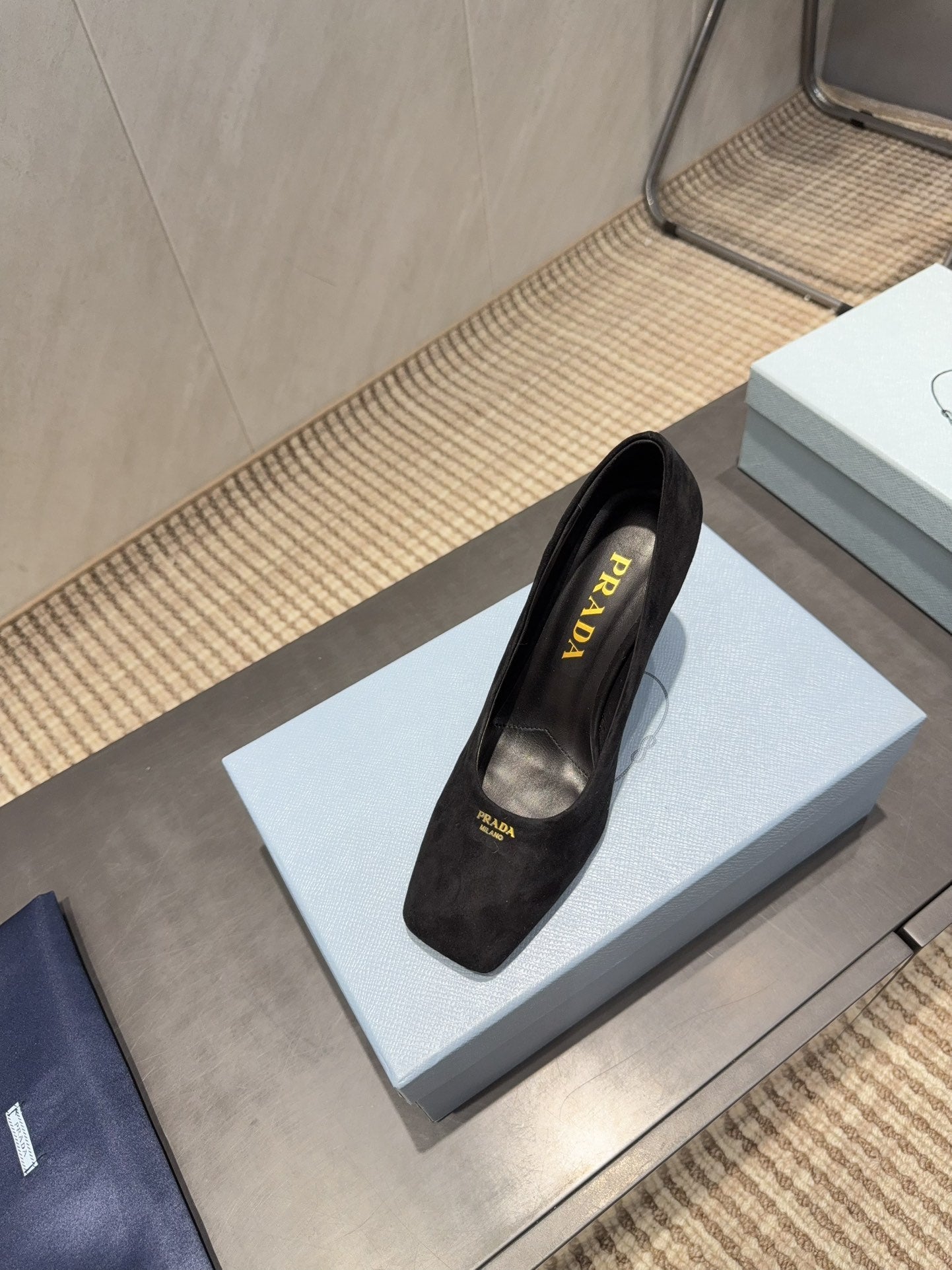 PRADA 26S SQUARE TOE HIGH HEELS 85MM IN BLACK SUEDE