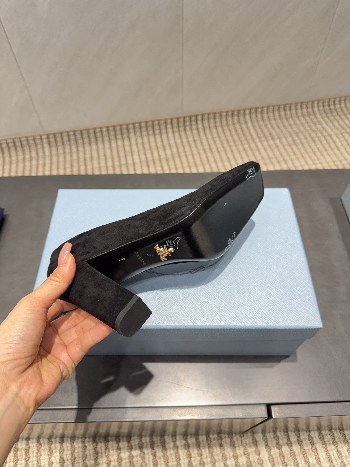 PRADA 26S SQUARE TOE HIGH HEELS 85MM IN BLACK SUEDE
