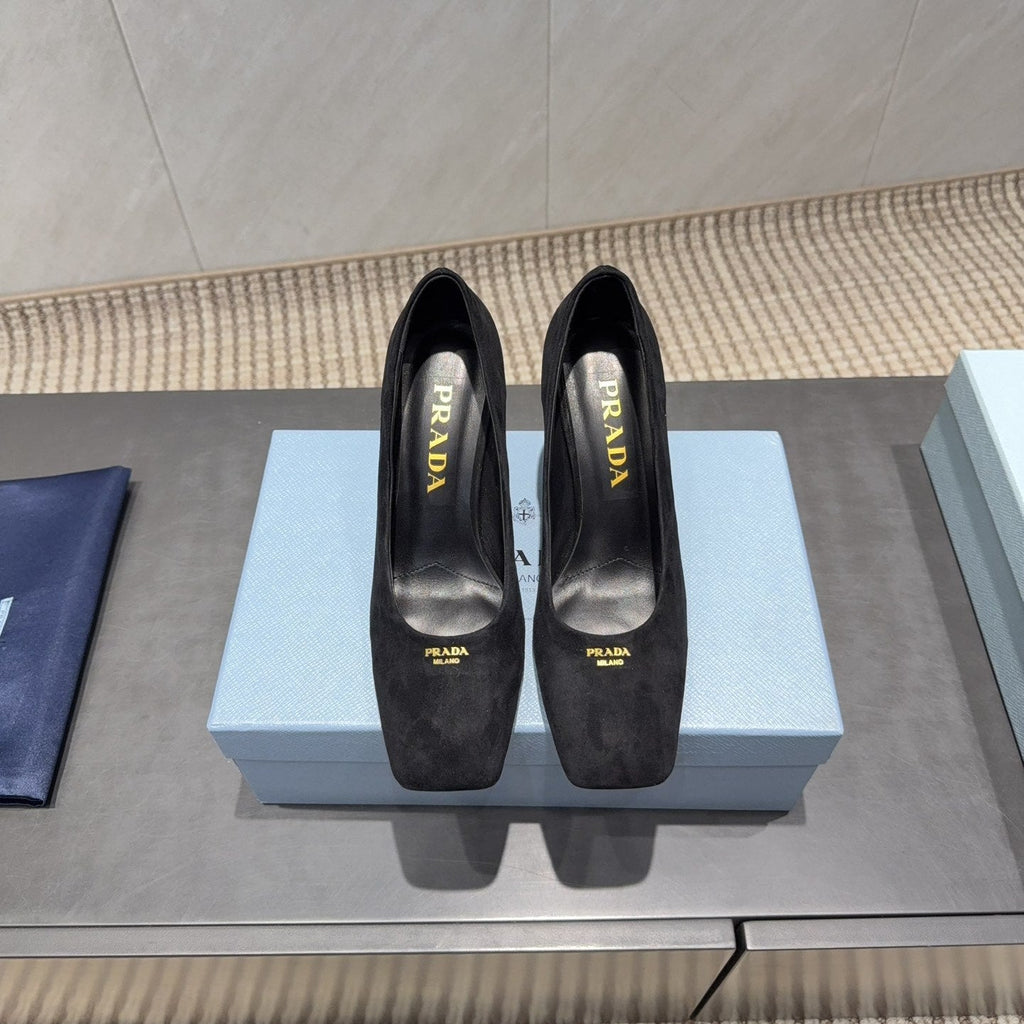 PRADA 26S SQUARE TOE HIGH HEELS 85MM IN BLACK SUEDE